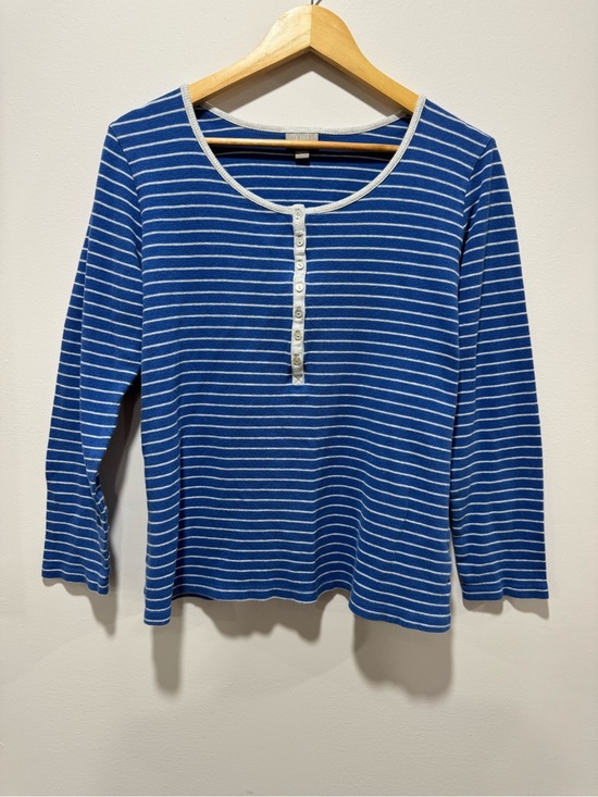 J. Jill Tops - J.Jill Blue‎ White Striped Henley Top 100% Cotton Long Sleeve Size L